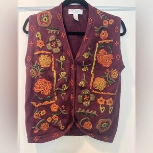 Vintage Burgundy Embroidered Floral Knit Sweater Vest Size M